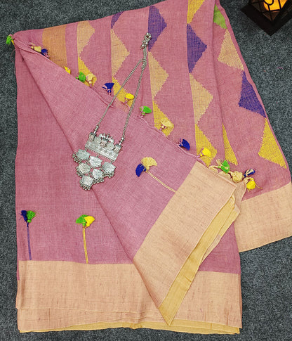 Peach Embroidered Linen Saree | Peepal Clothing