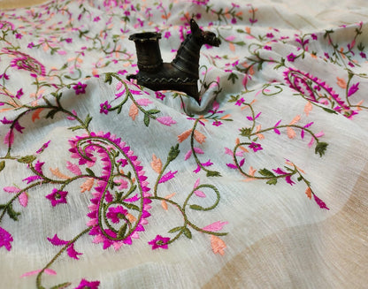 Peach Embroidered Silk Linen Saree|Peepal Clothing