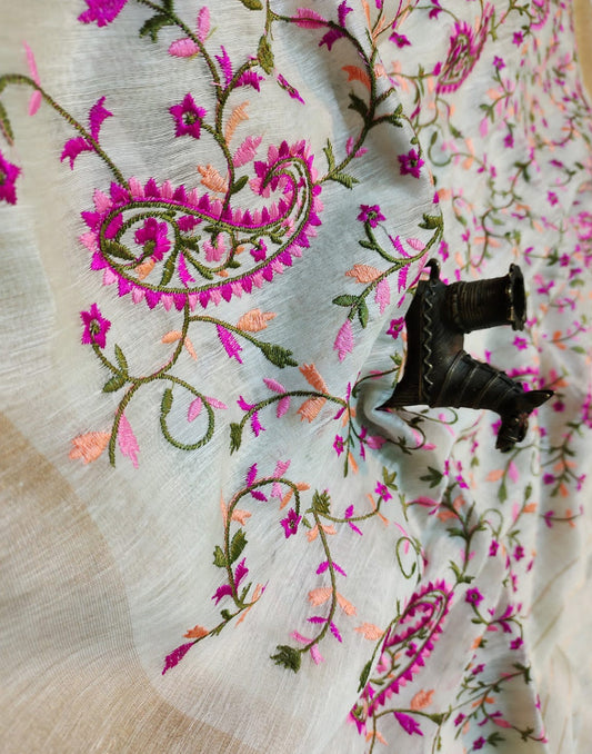 Peach Embroidered Silk Linen Saree|Peepal Clothing
