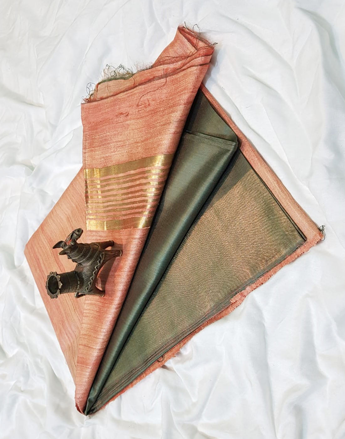 Peach Korean tussar ghicha pallu saree with staple body and Zari border ...