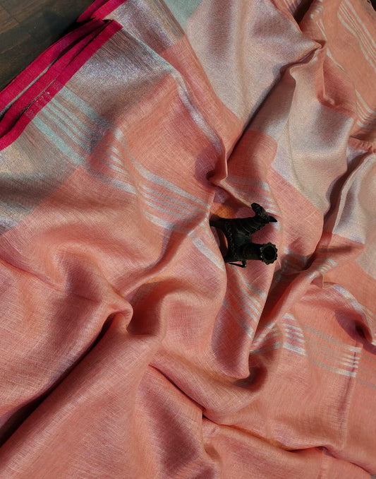 Peach Plain Linen Saree | Peepal Clothing
