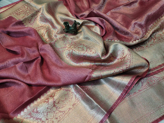 Peach Pure Silk Linen Banarasi Saree | Peapal Clothing
