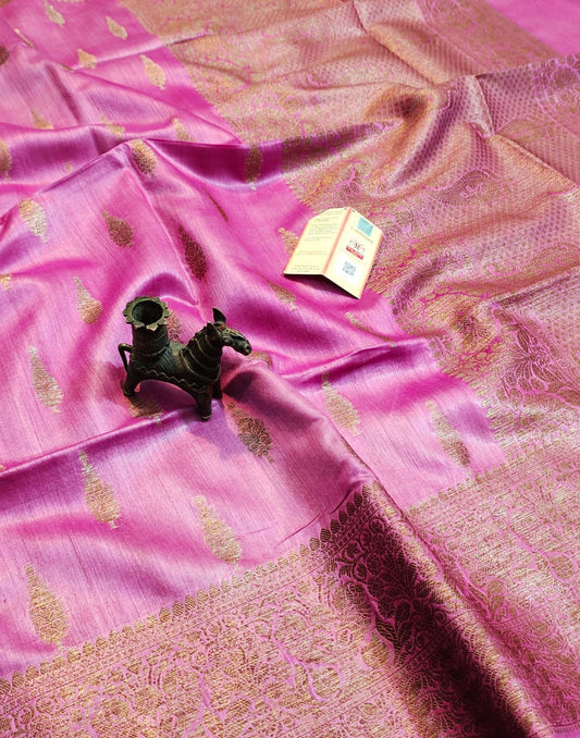 Pink Buta Motif Tussar Munga Silk Saree with Zari Border | Peepal Clothing