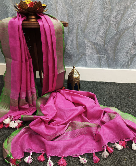 Pink Cotton Slub Dupatta with Contrast Border | Peepal Clothing
