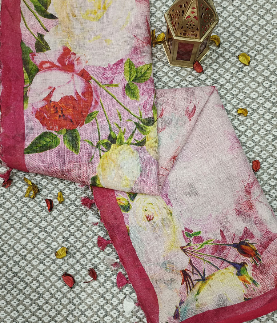 Pink Digital Printed Linen Saree | Peepal Clothing