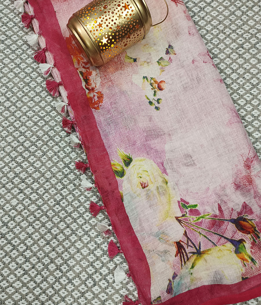 Pink Digital Printed Linen Saree | Peepal Clothing