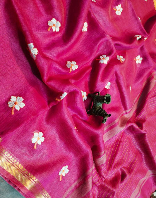Pink Embroidered Pure Silk Linen Saree | Peepal Clothing