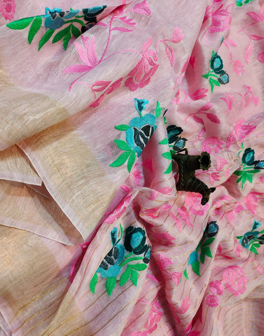 Pink Embroidered Silk Linen Saree|Peepal Clothing