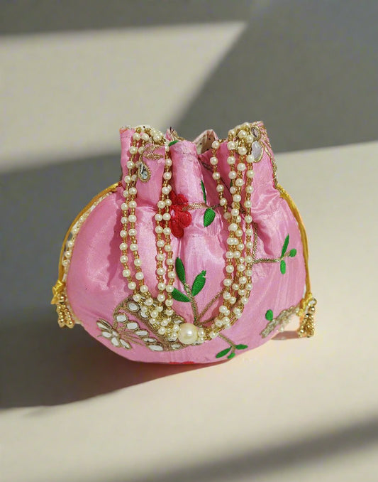 Pink Floral Motif Potli | Peepal Clothing