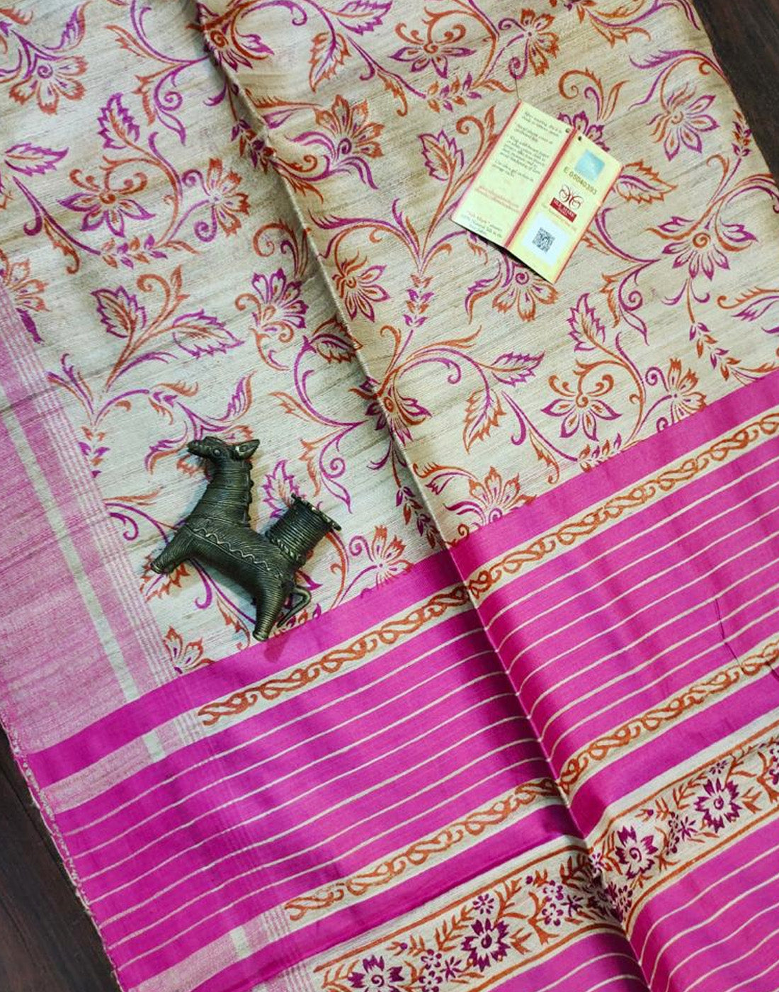 Pink Floral Printed Tussar Ghicha Silk Saree| Peepal Clothing