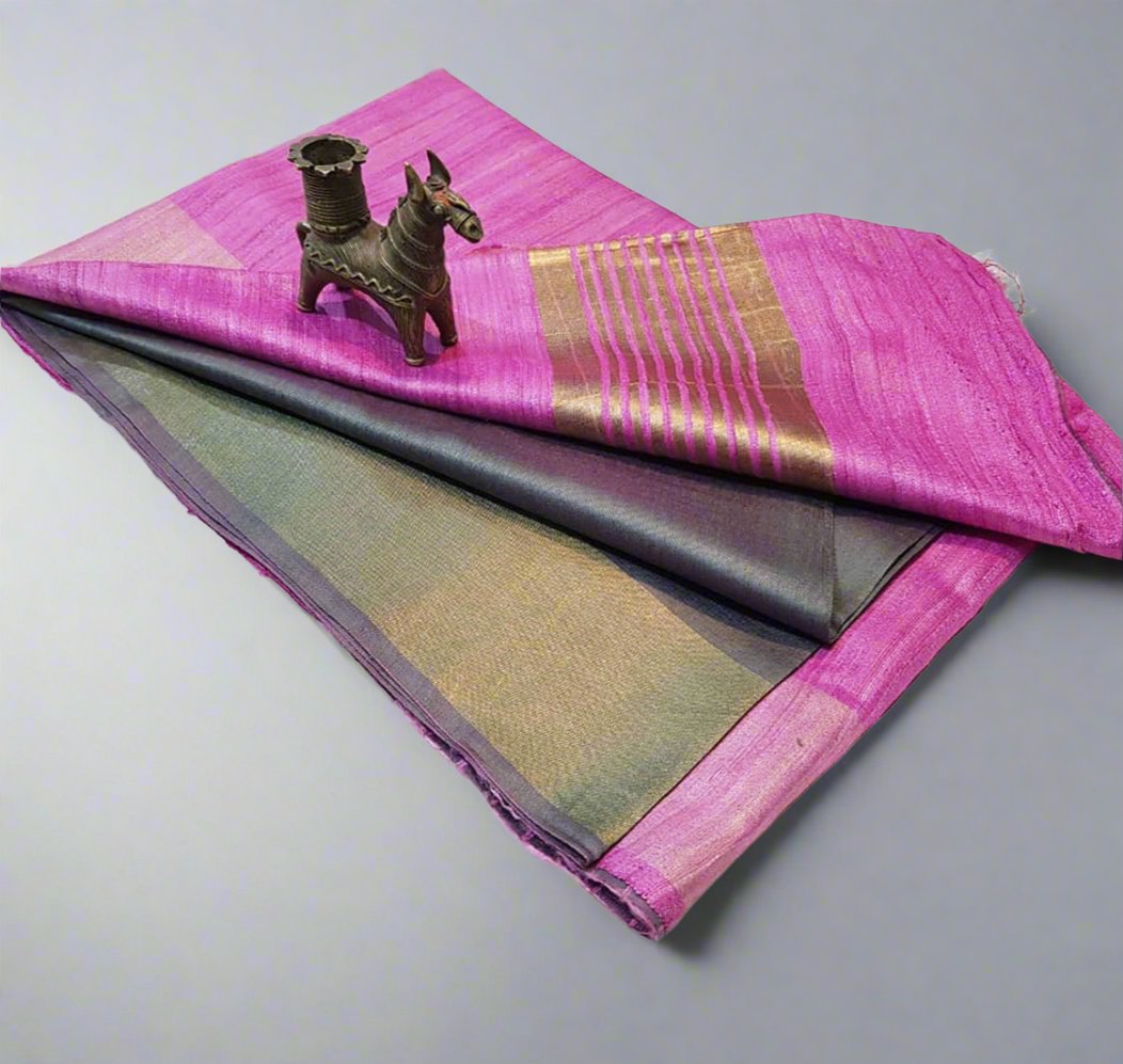 Pink Korean tussar ghicha pallu saree with staple body and Zari border ...
