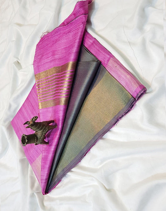 Pink Korean tussar ghicha pallu saree with staple body and Zari border| Peepal Clothing