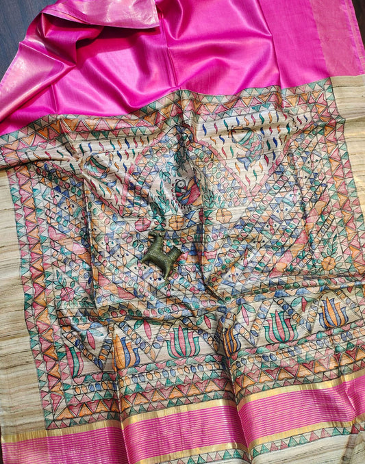Pink Madhubani Hand Painted Pallu Tussar Ghicha Silk Saree