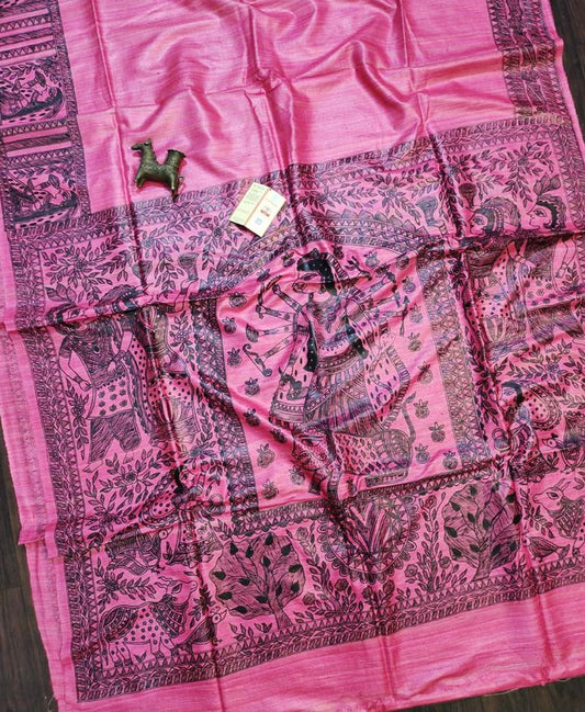 Pink Madhubani Hand Painted Pure Tussar Ghicha Silk Saree | Peepal Clothing