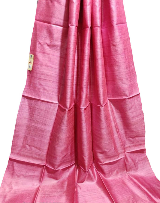 Pink Pure Desi Tussar Plain Silk Saree| Peepal Clothing