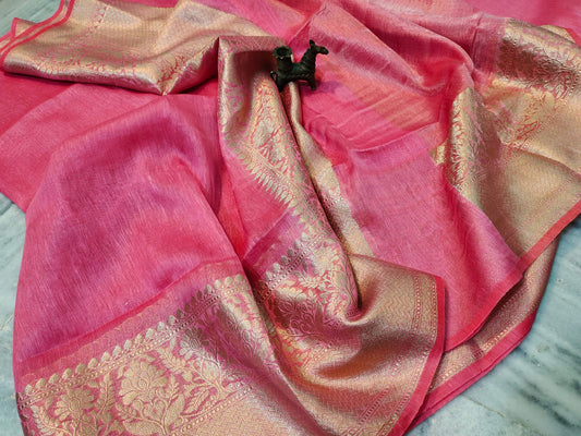 Pink Pure Silk Linen Banarasi Saree | People Clothing