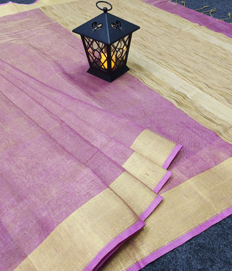 Pink Tissue Linen Saree with Zari Border | Peepal Clothing