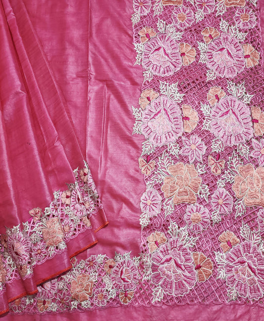 Pink Cutwork Tussar Silk Saree | Peepal Clothing