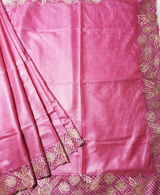 Pink Hand Cutwork Tussar Silk Saree | Peepal Clothing