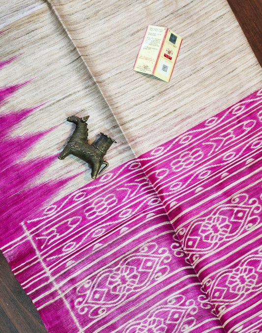 Pink Tussar Ghicha Ikkat Printed Silk Saree| Peepal Clothing