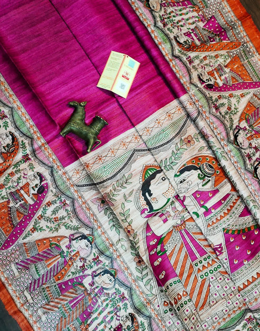 Pink Tussar Ghicha Madhubani Printed Silk Saree| Peepal Clothing