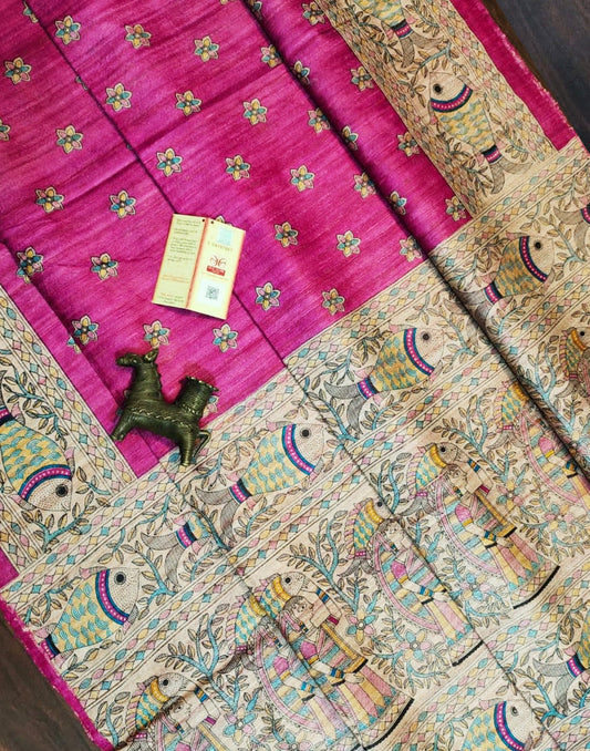 Pink Tussar Ghicha Madhubani buta Printed Silk Saree| Peepal Clothing