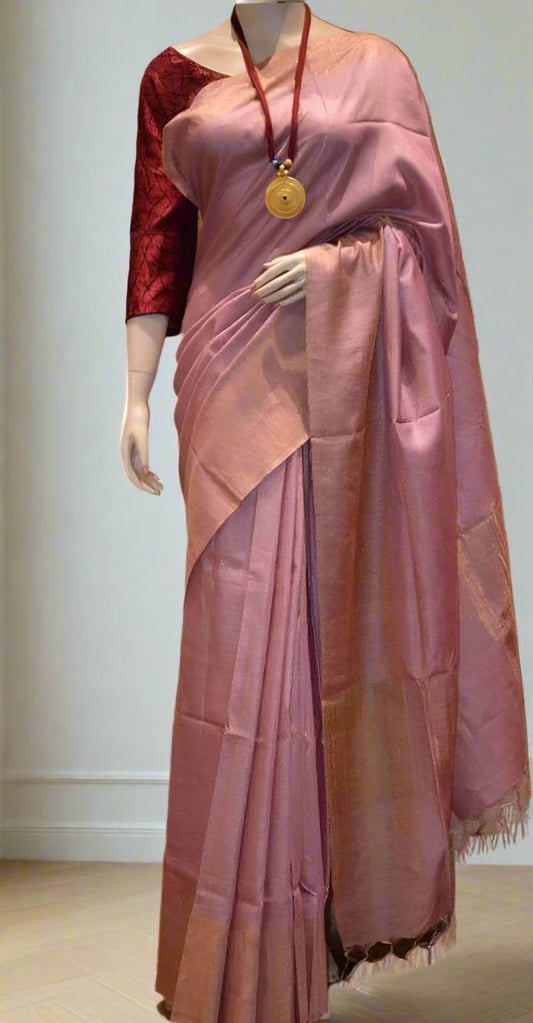 Pink Tussar Munga Silk Saree | Peepal Clothing