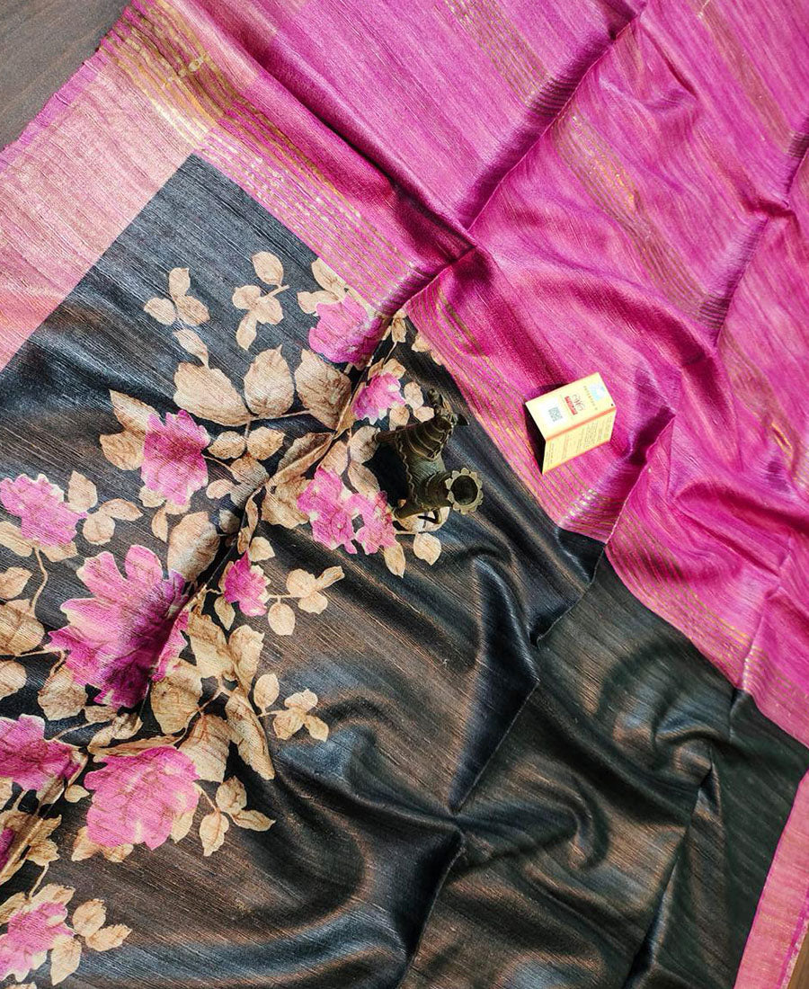 Pink and Black Floral Printed Tussar Ghicha Silk Saree with Zari Border | Peepal Clothing