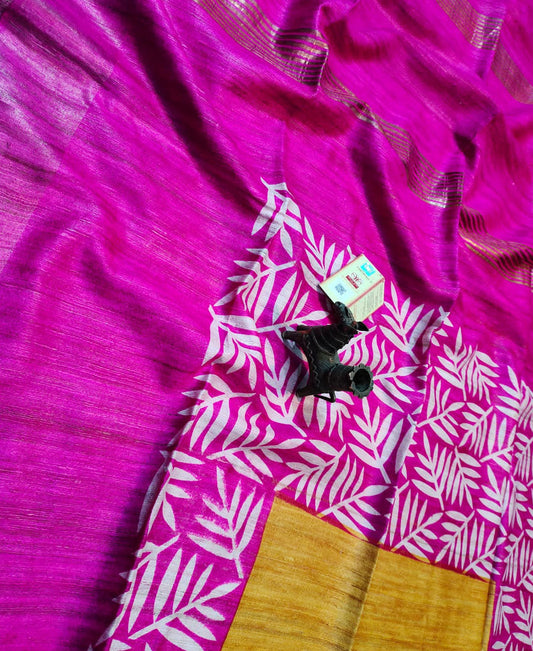 Pink and Mustard Leaf Printed Tussar Ghicha Silk Saree with Zari Border | Peepal Clothing