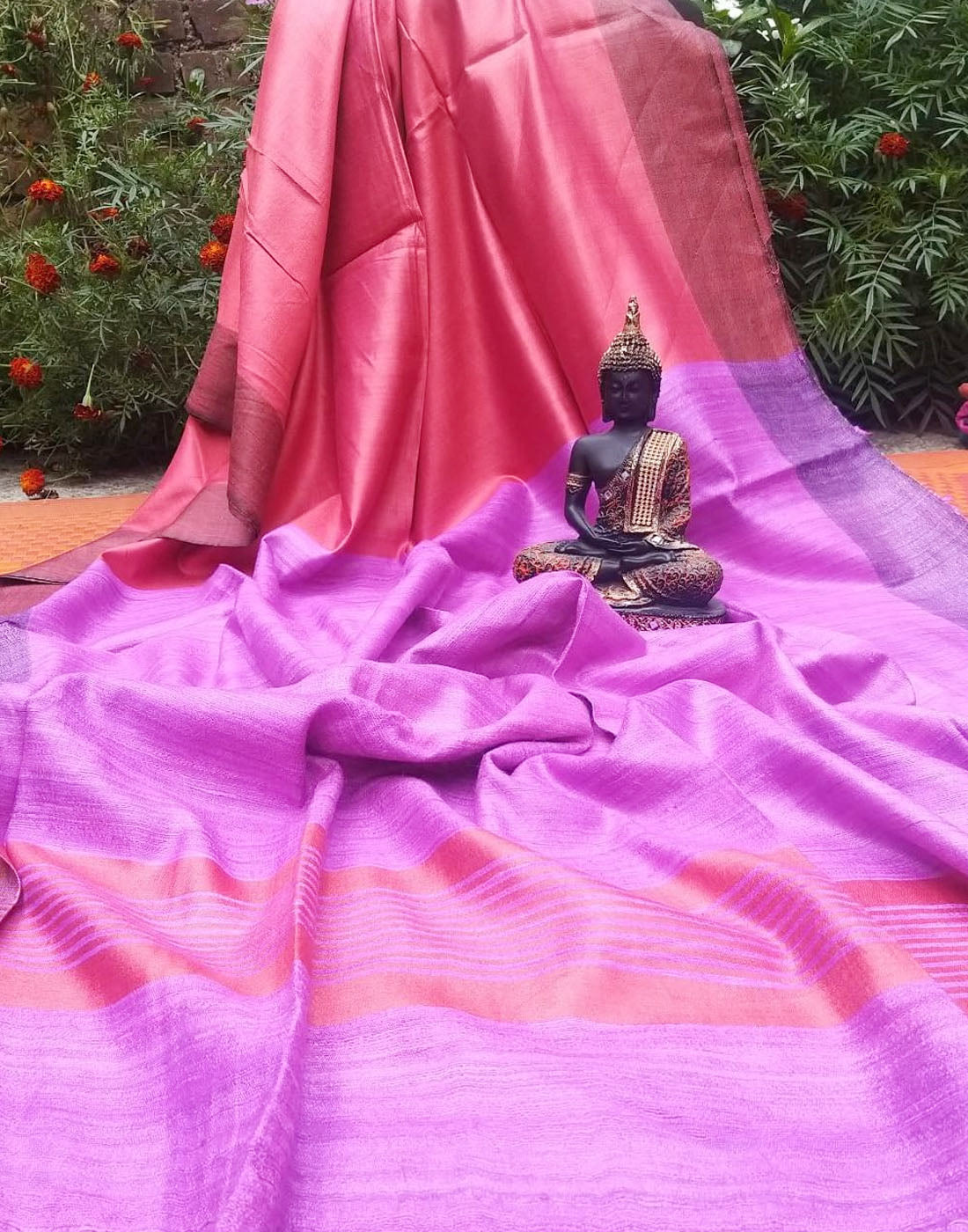 Pink and red Korean tussar ghicha pallu saree with staple body| Peepal ...