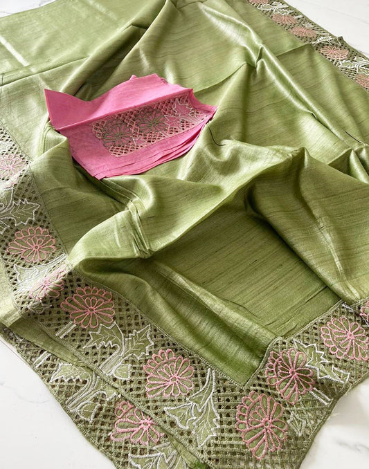 Pista Green Hand Cutwork Tussar Ghicha Silk Saree | Peepal Clothing