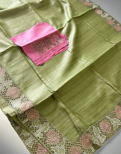 Subtle Cutwork Pista Green Hand Cutwork Tussar Ghicha Silk Saree - Subtle & Stylish ...