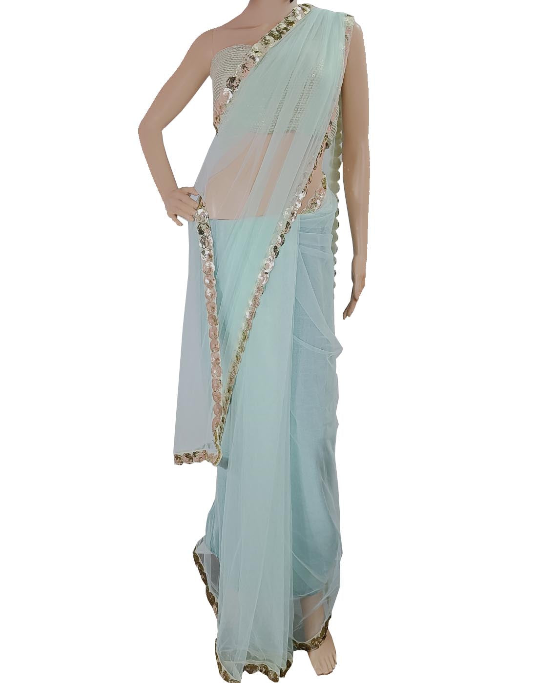 Powder Blue Lace Border Net Saree | Peepal Clothing