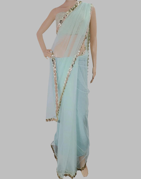 Powder Blue Lace Border Net Saree | Peepal Clothing