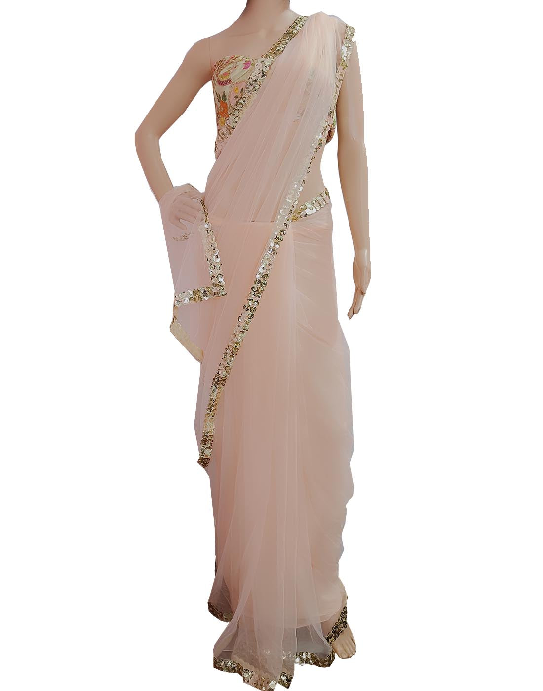 Powder Pink Lace Border Net Saree  | Peepal Clothing