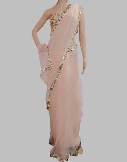 Powder Pink Lace Border Net Saree  | Peepal Clothing
