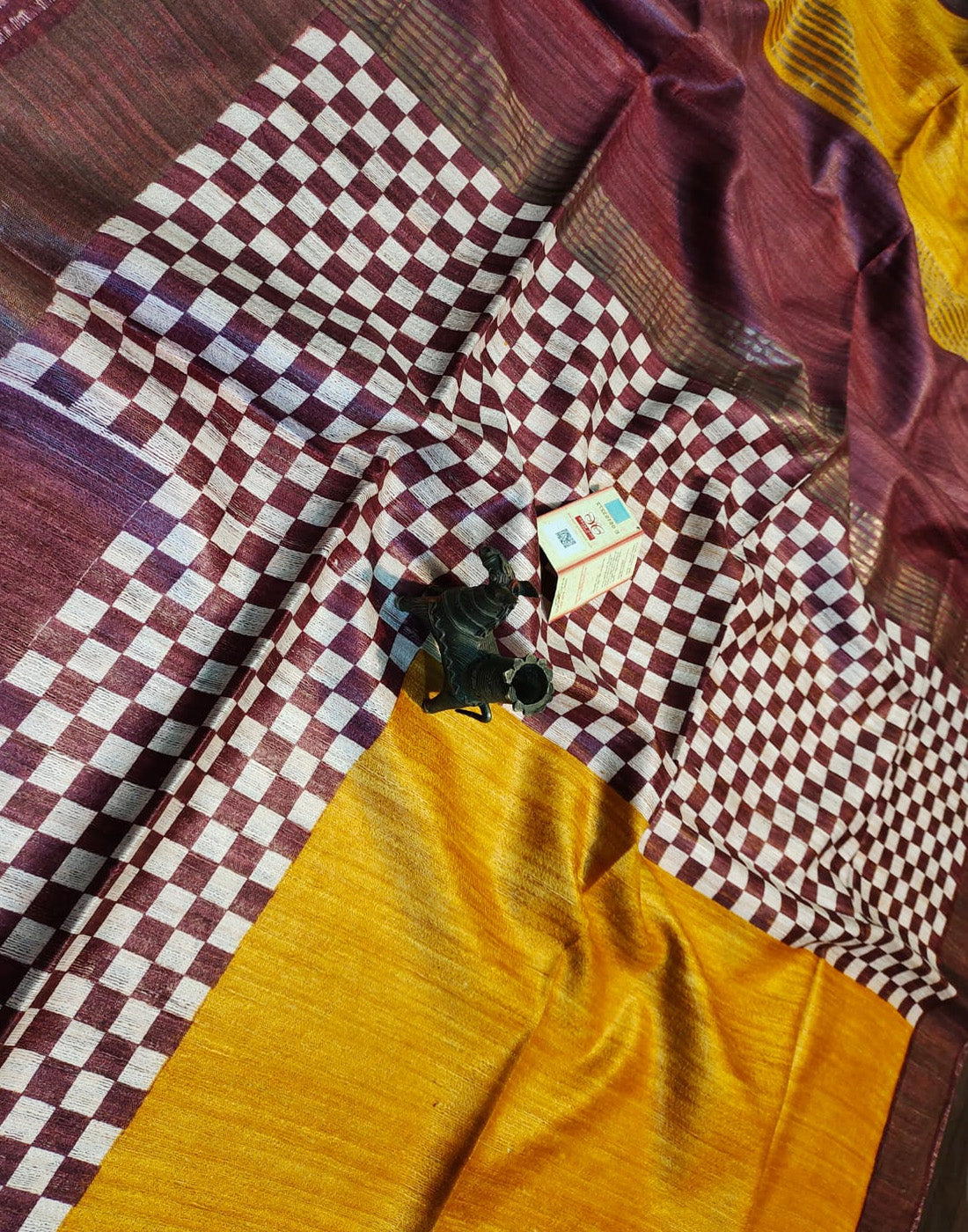 Printed Mustard Tussar Ghicha Silk Saree with Zari Border| Peepal Clothing