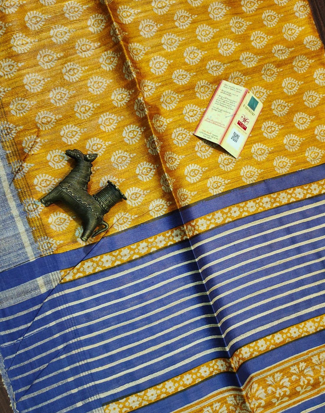 Printed Tussar Ghicha Silk Saree in Mustard Color| Peepal Clothing