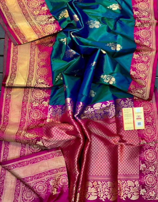 Pure Katan Silk Saree Featuring Floral Weaved Buta | Peepal Clothing