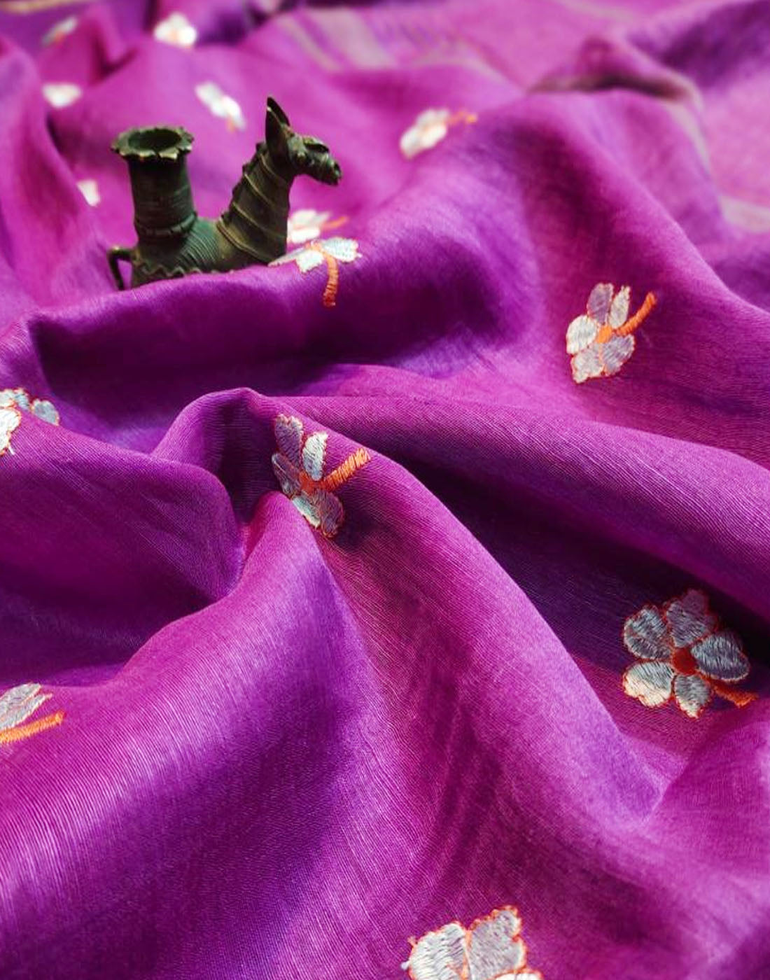 Purple Embroidered Pure Silk Linen Saree | Peepal Clothing