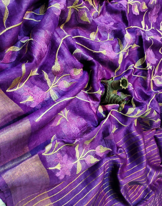Purple Embroidered Silk Linen Saree|Peepal Clothing