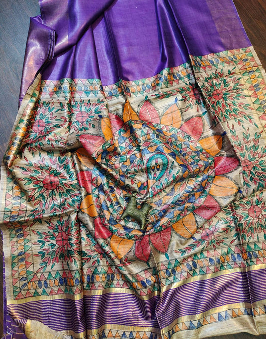 Purple Madhubani Hand Painted Pallu Tussar Ghicha Silk Saree