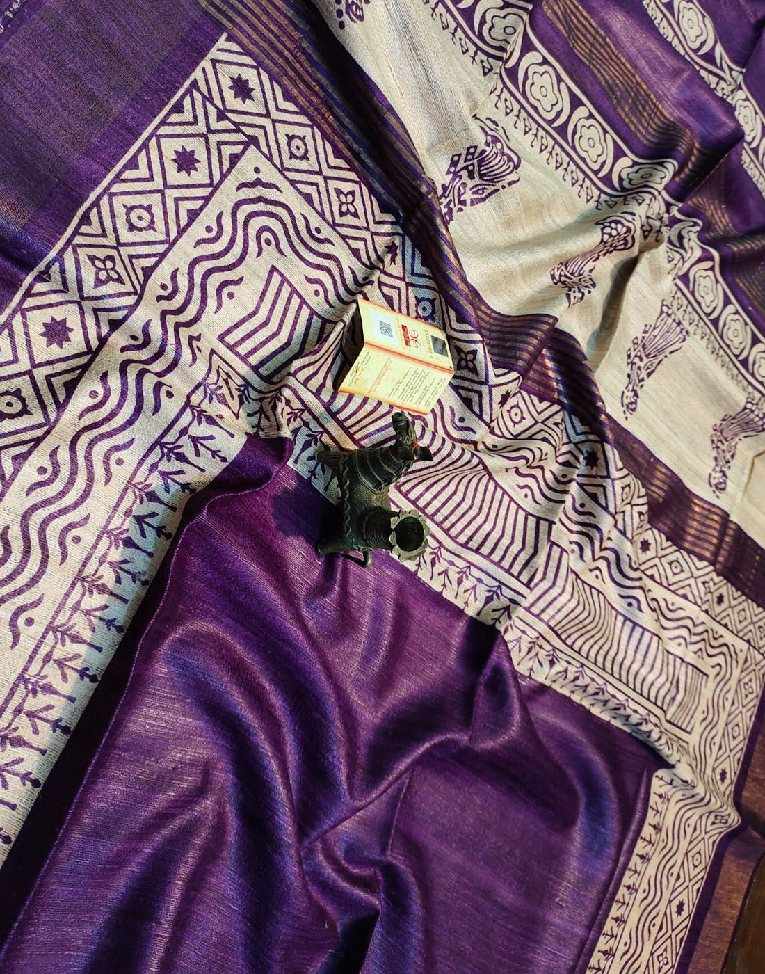 Purple Printed Tussar Ghicha Silk Saree with Zari Border| Peepal Clothing