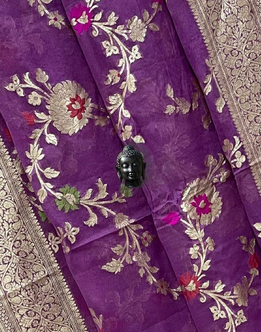 Purple Pure Khaddi Georgette Zari Weaved Meenakari Saree | Peepal Clothing