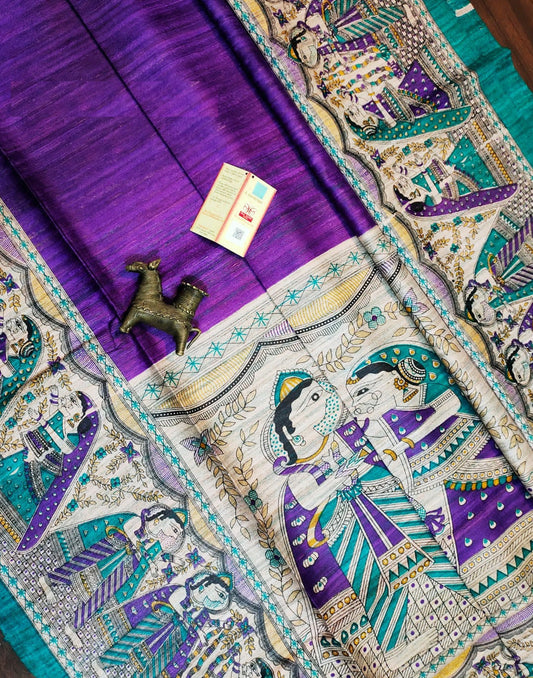 Purple Radha-Krishna Motif Tussar Ghicha Madhubani Printed Silk Saree| Peepal Clothing