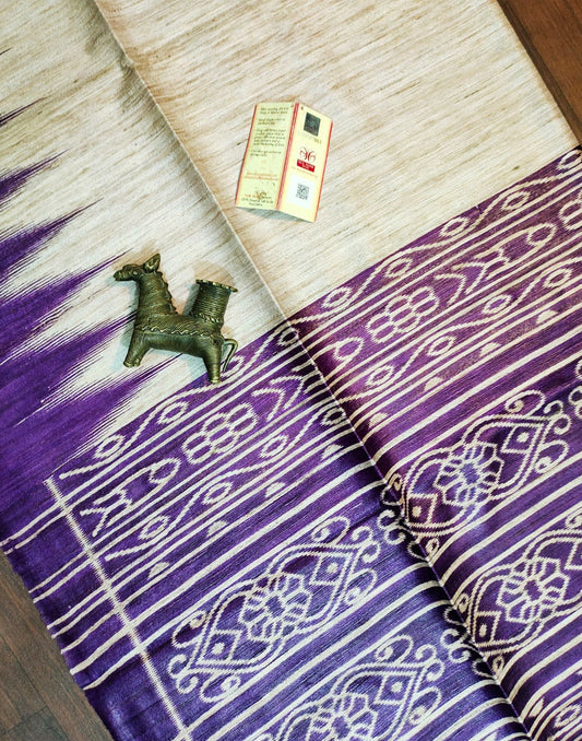 Purple Tussar Ghicha Ikkat Printed Silk Saree| Peepal Clothing