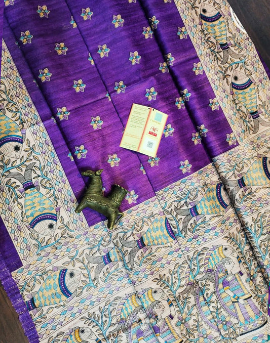 Purple Tussar Ghicha Madhubani Buta Printed Silk Saree| Peepal Clothing
