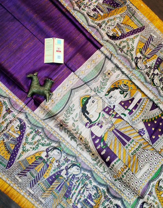 Purple Tussar Ghicha Madhubani Printed Silk Saree| Peepal Clothing