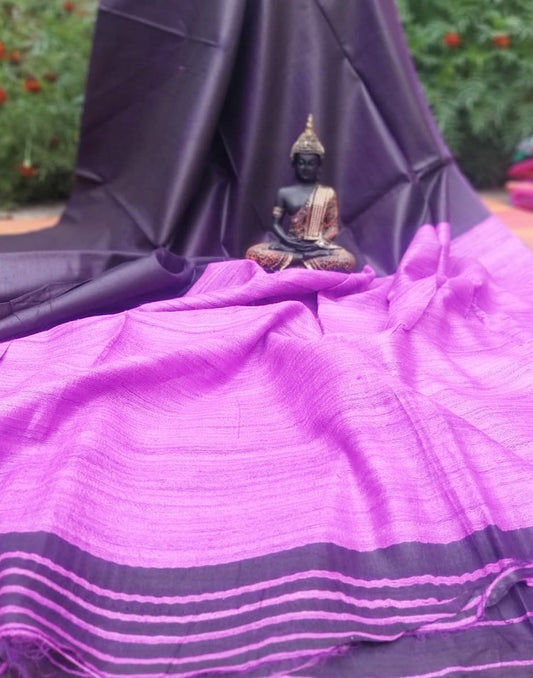 Purple and Grey Korean tussar ghicha saree pallu with staple body| Peepal Clothing