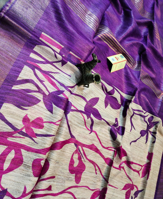 Purple and Off-white Leaf Printed Tussar Ghicha Silk Saree with Zari Border | Peepal Clothing